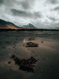 Preview wallpaper mountain, coast, sand, footprints, landscape