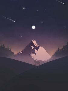 Preview wallpaper mountain, deer, night, dark, art