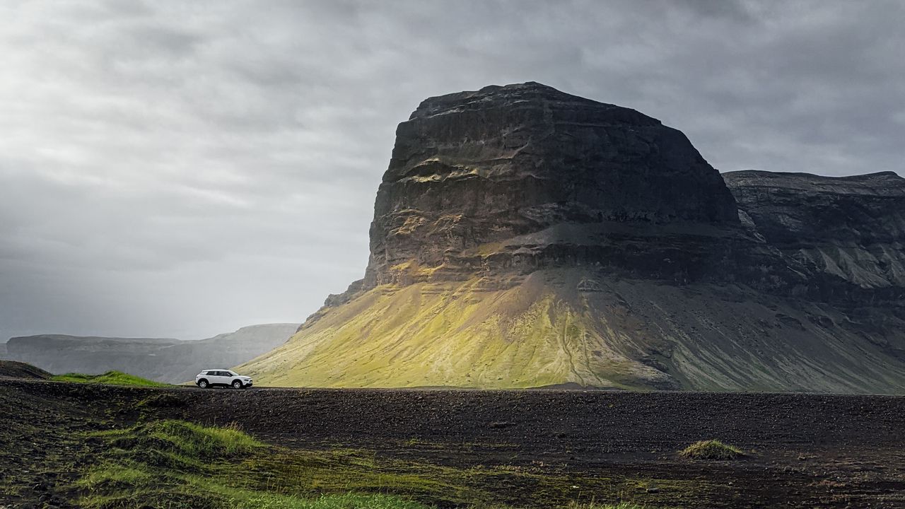 Wallpaper mountain, field, car, clouds