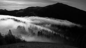 Preview wallpaper mountain, fog, bw, trees, hills