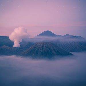 Preview wallpaper mountain, fog, clouds, mount bromo, indonesia