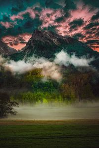 Preview wallpaper mountain, fog, clouds, forest, trees, grass
