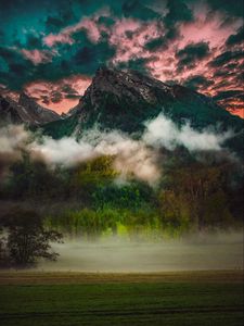 Preview wallpaper mountain, fog, clouds, forest, trees, grass