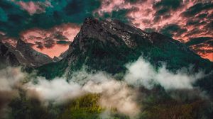Preview wallpaper mountain, fog, clouds, forest, trees, grass