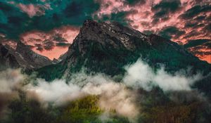 Preview wallpaper mountain, fog, clouds, forest, trees, grass