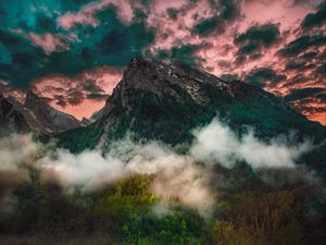 Preview wallpaper mountain, fog, clouds, forest, trees, grass
