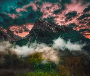 Preview wallpaper mountain, fog, clouds, forest, trees, grass