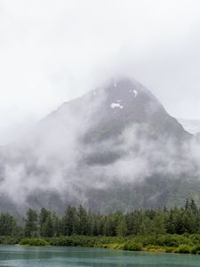 Preview wallpaper mountain, fog, landscape, nature, lake