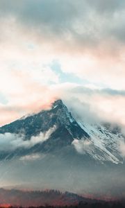 Preview wallpaper mountain, fog, peak, clouds, aerial view