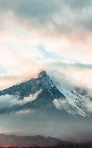 Preview wallpaper mountain, fog, peak, clouds, aerial view