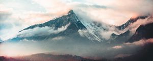 Preview wallpaper mountain, fog, peak, clouds, aerial view