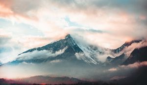 Preview wallpaper mountain, fog, peak, clouds, aerial view