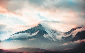 Preview wallpaper mountain, fog, peak, clouds, aerial view