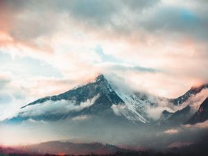 Preview wallpaper mountain, fog, peak, clouds, aerial view