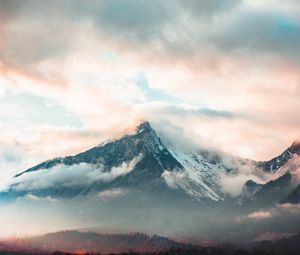 Preview wallpaper mountain, fog, peak, clouds, aerial view