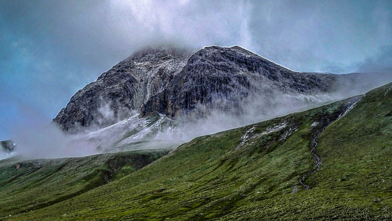 Wallpaper mountain, fog, slope, grass