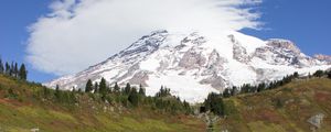 Preview wallpaper mountain, foothills, snow, trees, nature, landscape