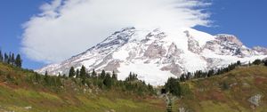 Preview wallpaper mountain, foothills, snow, trees, nature, landscape