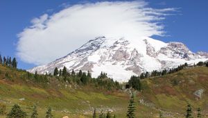 Preview wallpaper mountain, foothills, snow, trees, nature, landscape