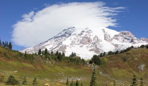 Preview wallpaper mountain, foothills, snow, trees, nature, landscape