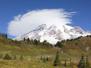 Preview wallpaper mountain, foothills, snow, trees, nature, landscape