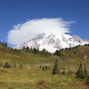 Preview wallpaper mountain, foothills, snow, trees, nature, landscape