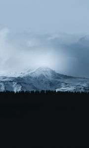 Preview wallpaper mountain, forest, fog, peak, clouds, landscape