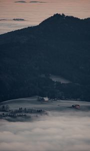 Preview wallpaper mountain, forest, fog, clouds, buildings, aerial view