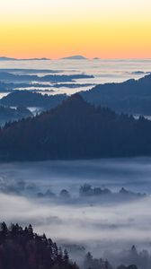 Preview wallpaper mountain, forest, hills, fog, view, landscape