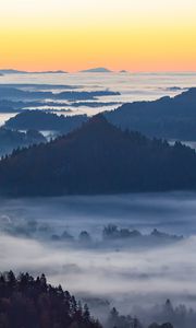 Preview wallpaper mountain, forest, hills, fog, view, landscape