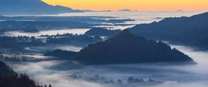 Preview wallpaper mountain, forest, hills, fog, view, landscape