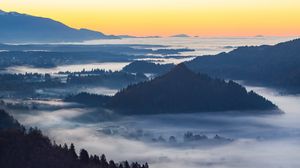 Preview wallpaper mountain, forest, hills, fog, view, landscape