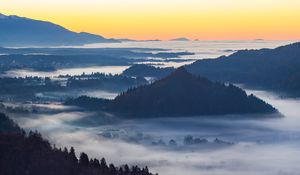 Preview wallpaper mountain, forest, hills, fog, view, landscape