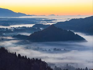 Preview wallpaper mountain, forest, hills, fog, view, landscape