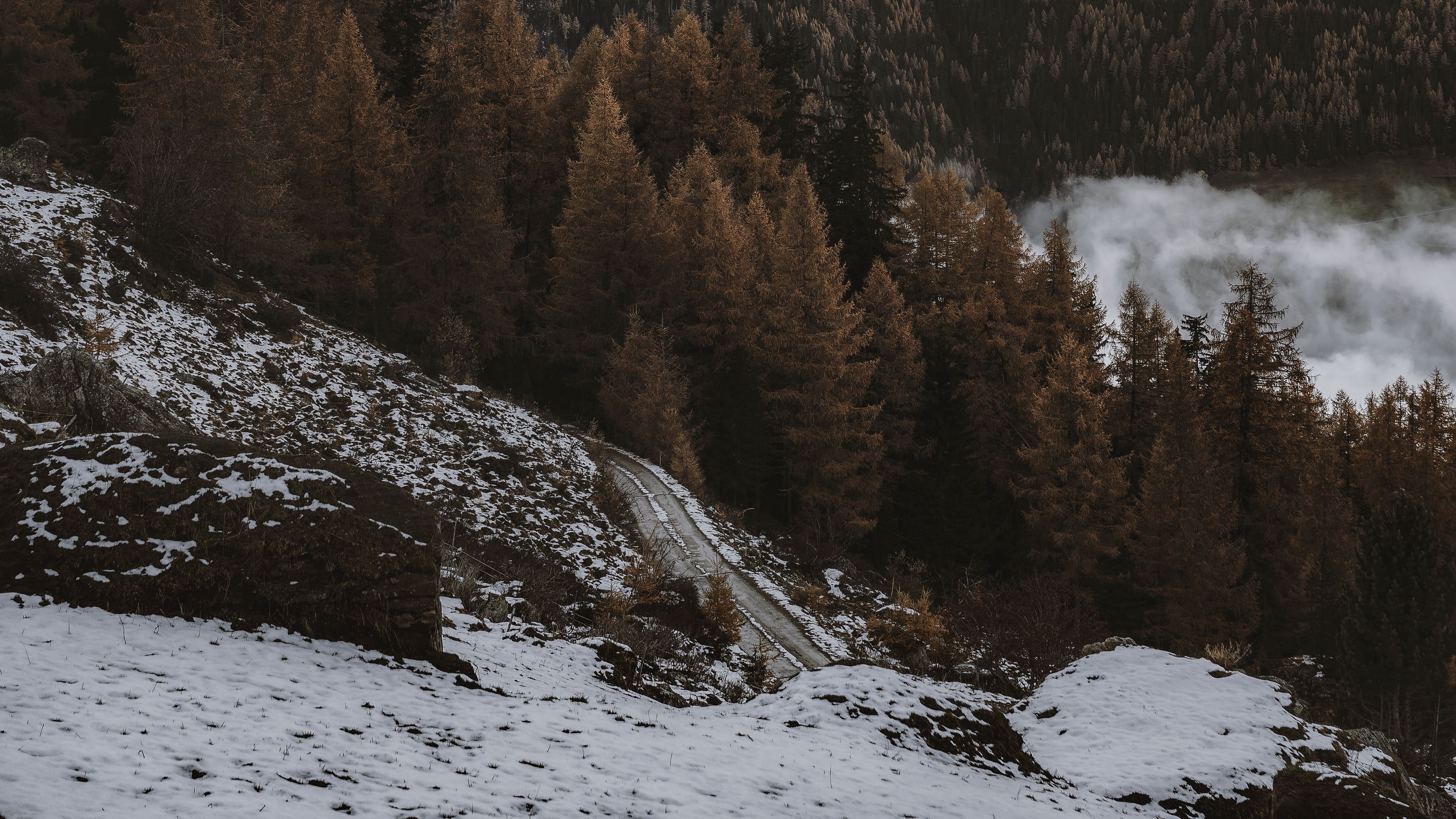 Download wallpaper 3840x2160 mountain, forest, snow, road, winter 4k