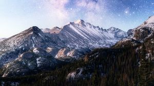 Preview wallpaper mountain, forest, starry sky, night, nature, dark