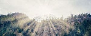 Preview wallpaper mountain, forest, sunlight, bright, slope, waterfall