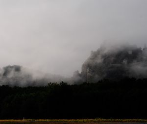 Preview wallpaper mountain, fortress, fog, forest, nature