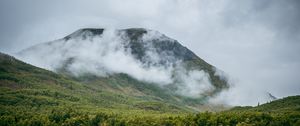 Preview wallpaper mountain, hill, clouds, trees, forest, landscape