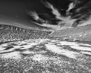 Preview wallpaper mountain, hill, field, clouds, bw
