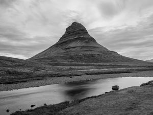 Preview wallpaper mountain, hill, river, nature, black and white