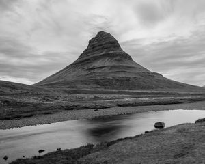 Preview wallpaper mountain, hill, river, nature, black and white