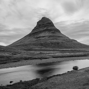 Preview wallpaper mountain, hill, river, nature, black and white