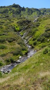 Preview wallpaper mountain, hill, stream, stones, grass, nature