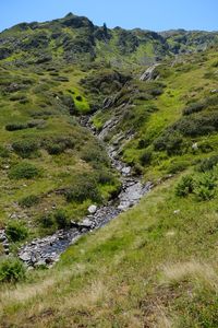 Preview wallpaper mountain, hill, stream, stones, grass, nature