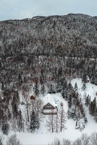 Preview wallpaper mountain, house, aerial view, trees, snow, winter