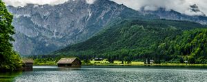 Preview wallpaper mountain, house, forest, lake, nature