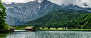 Preview wallpaper mountain, house, forest, lake, nature