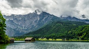 Preview wallpaper mountain, house, forest, lake, nature
