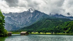 Preview wallpaper mountain, house, forest, lake, nature